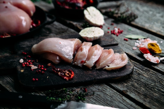 Raw chicken on a wooden table with spices
