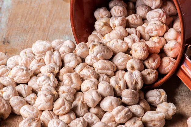 Raw chickpeas grains seen up close.