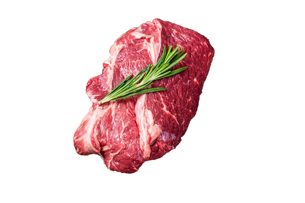 Raw Chuck eye roll Black Angus prime beef steak on butcher cleaver High quality Isolate white background