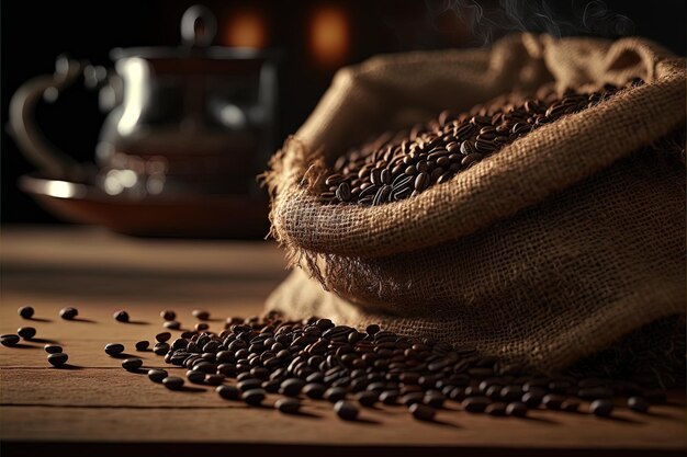 Raw coffee beans slipping out burlap bag on wooden table