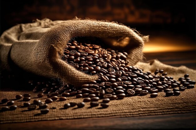 木製のテーブルの黄麻布の袋から滑り落ちる生のコーヒー豆