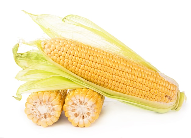 Raw corn with green leaves on a white background.