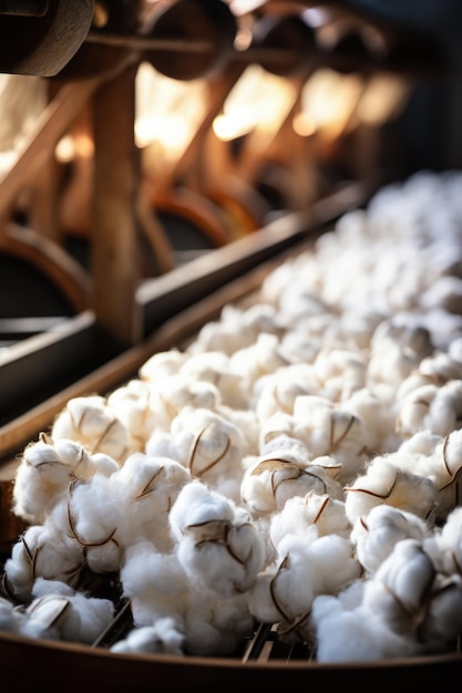 Foto cotton grezzo che viene filato in un fondo di fabbrica di filati con spazio vuoto per il testo