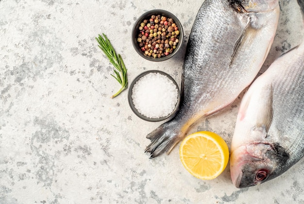 raw dorado fish on a light stone background