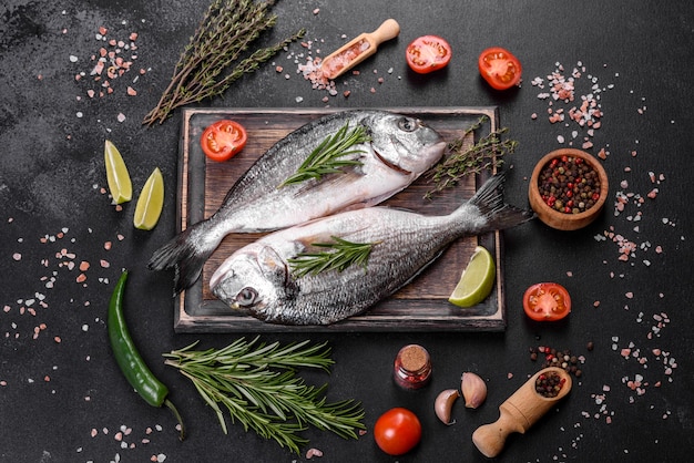 Raw dorado fish with spices cooking on cutting board