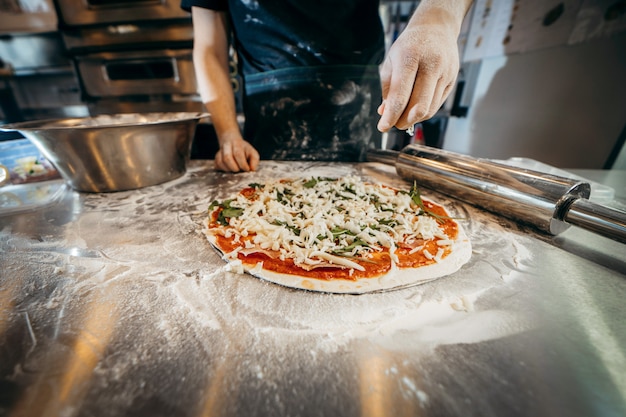 Raw dough for pizza preparation with ingredient: tomato sauce, mozzarella, cheese, prosciutto