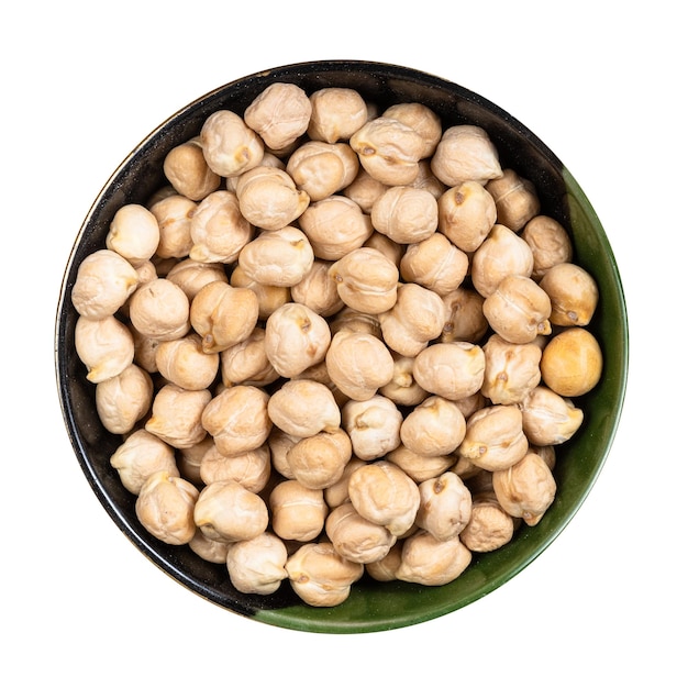 Raw dried chickpea seeds in round bowl isolated