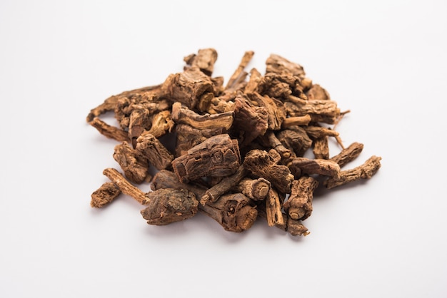 Photo raw dried indian ayurvedic sarsaparilla is used for treating psoriasis & skin diseases, rheumatoid arthritis and kidney disease, selective focus