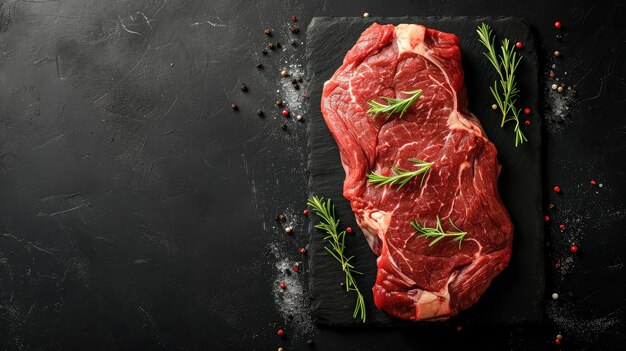 Photo raw dry aged bison beef rump steak piece as closeup with herbs and spice on black background with copy space