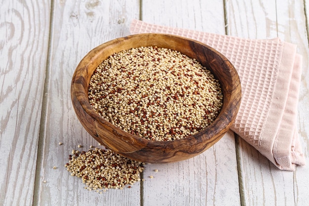 Raw dry quinoa cereal grain in the bowl