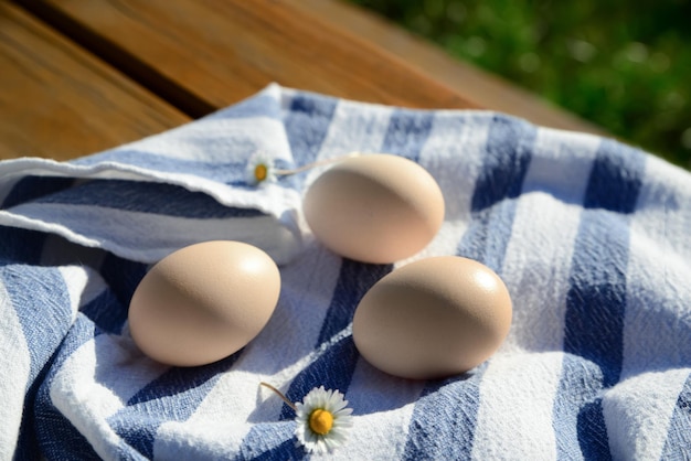 Raw duck eggs and chamomile flower with napkin on wooden table outdoors closeup
