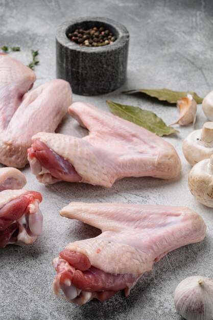 Raw duck wings set, on gray stone table background