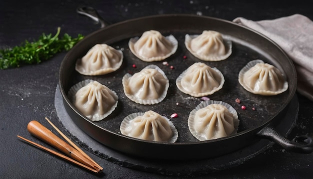 Raw dumpling Bereiding van zelfgemaakte dumplings met rundvlees op zwarte rustieke achtergrond