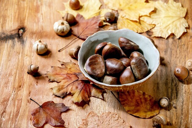 Raw edible chestnuts in ceramic bowl and yellow autumn maple leaves over wooden table