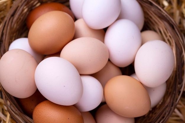 Raw eggs in dry straw. Food concept photo.