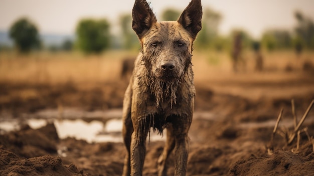 Raw en Edgy Closeup Portret van een modderbedekte hond in de Savannah Meadow