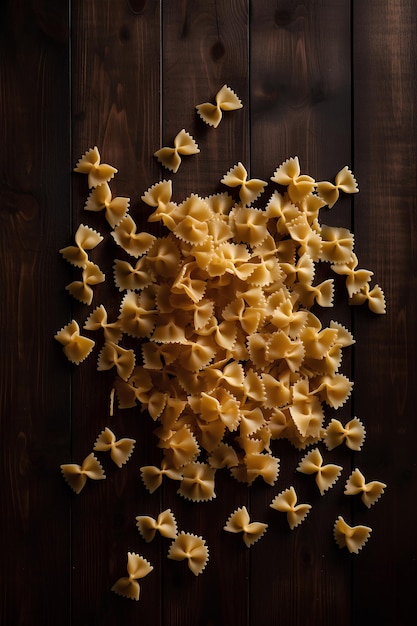 Photo raw farfalle pasta on dark wooden background flat lay top view