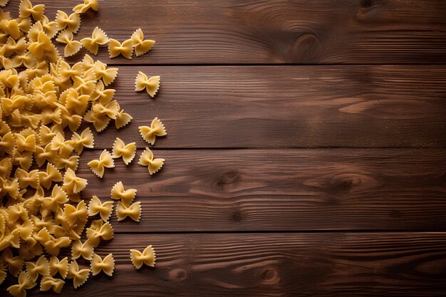 Photo raw farfalle pasta on dark wooden background with copy space