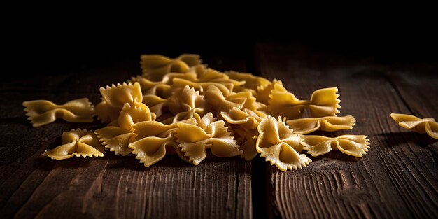 Photo raw farfalle pasta on dark wooden background