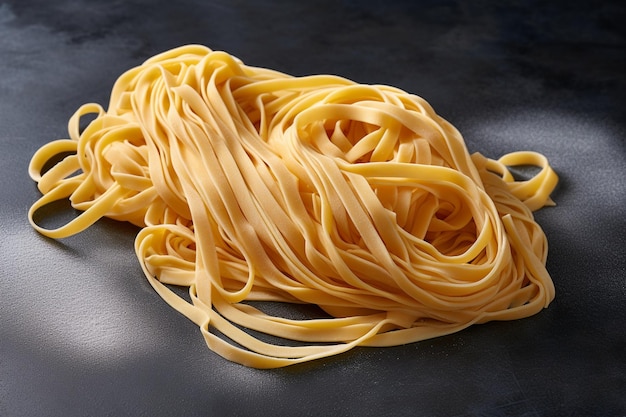 Raw fettuccine on grey surface