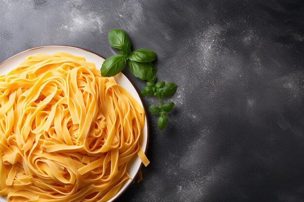 Raw fettuccine on grey surface