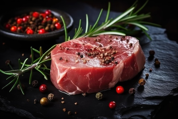 Raw fillet meat on black board with pepper seasoning and green rosemary Generative AI