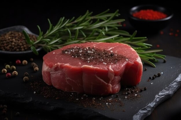 Raw fillet meat on black board with pepper seasoning and green rosemary Generative AI