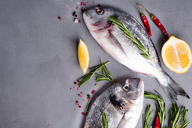 Raw fish cooking and ingredients.