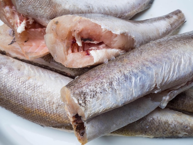 Raw fish hake carkasses on white plate