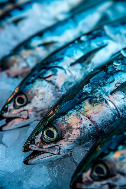 Foto pesce crudo su ghiaccio focalizzazione selettiva