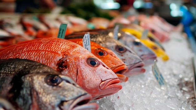 Photo raw fish on ice selective focus