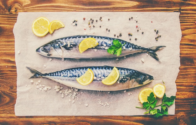 Raw fish of mackerel. Selective focus. Food and drink.