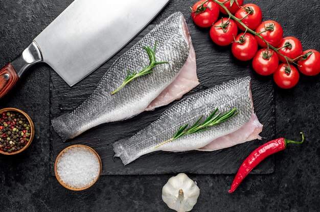 raw fish sea bass with spices on a stone table