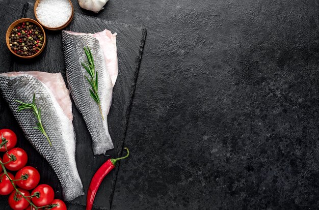 Spigola di pesce crudo con spezie su un tavolo di pietra