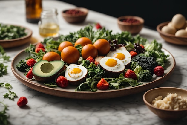 Raw fish slices with ice on wood board sea salt in small bowl vegetables on table