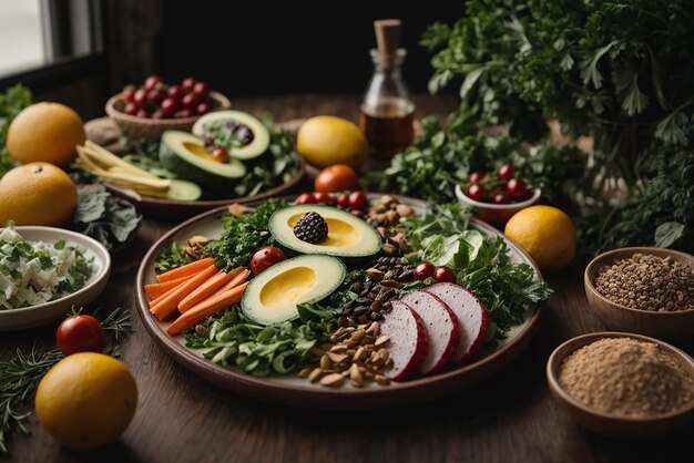 Photo raw fish slices with ice on wood board sea salt in small bowl vegetables on table