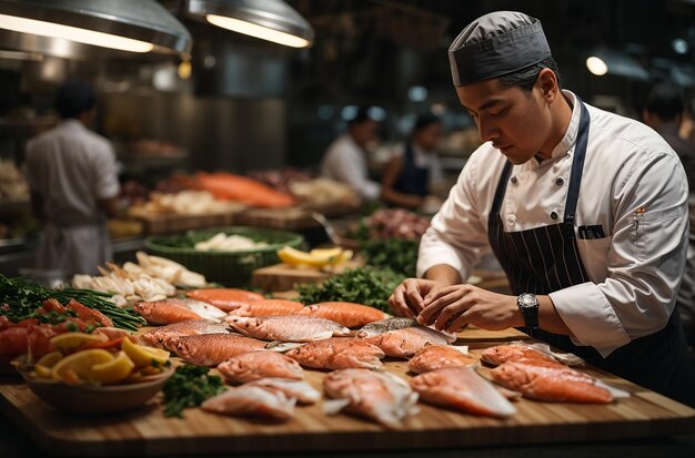 raw fish slices with ice on wood board sea salt in small bowl vegetables on table