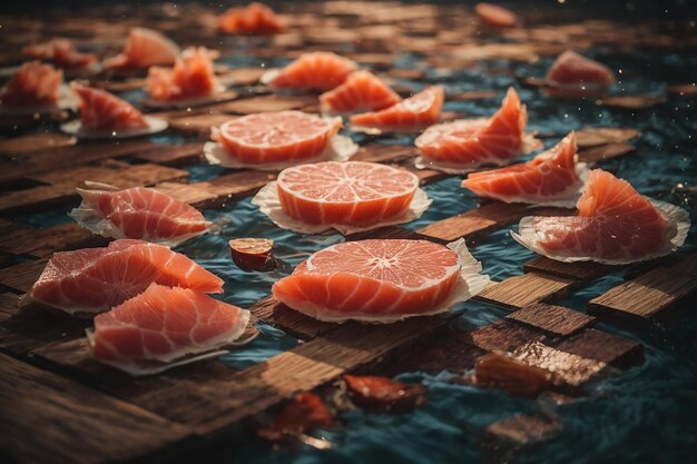 Raw fish slices with ice on wood board sea salt in small bowl vegetables on table