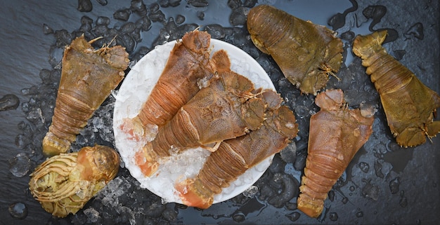 Raw flathead lobster shrimps on ice, fresh slipper lobster flathead for cooking on dark background in the seafood restaurant or seafood market, Rock Lobster Moreton Bay Bug