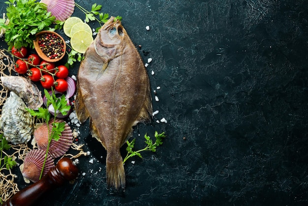 Raw flounder fish with spices Seafood on a black stone background Top view Free copy space