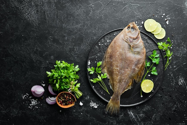 Raw flounder fish with spices Seafood on a black stone background Top view Free copy space