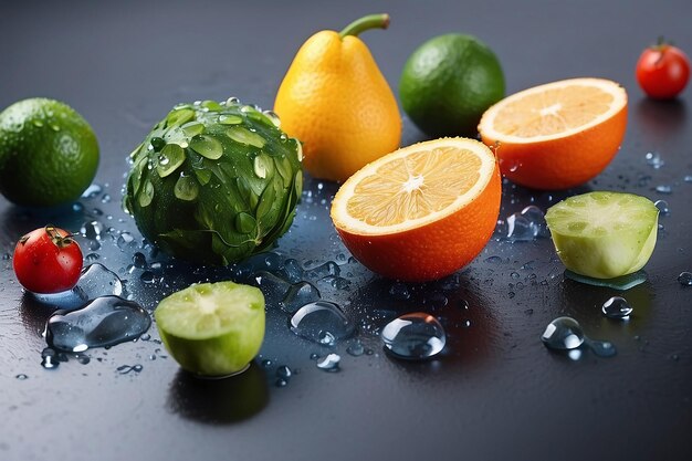 Photo raw foodstuff with water drops in studio