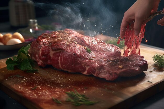 Photo raw fresh beef steak cut into pieces on a wooden cutting board ai generated