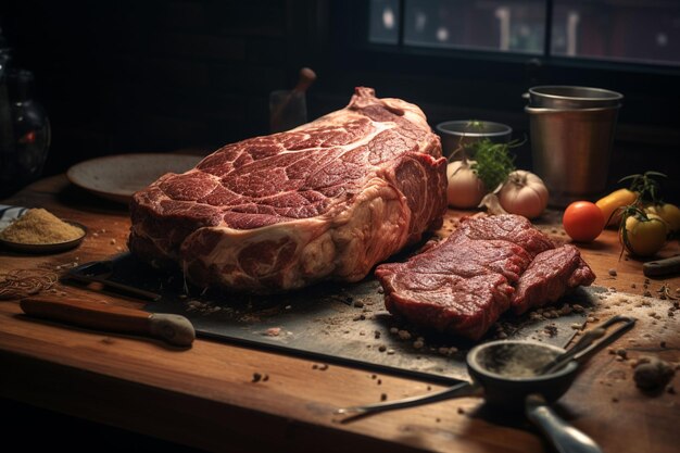 Photo raw fresh beef steak cut into pieces on a wooden cutting board ai generated