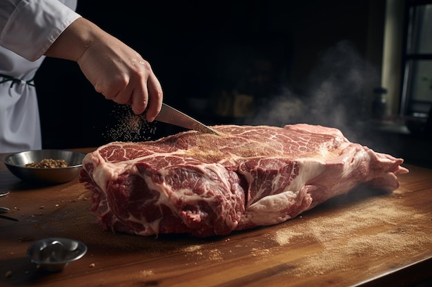 Photo raw fresh beef steak cut into pieces on a wooden cutting board ai generated