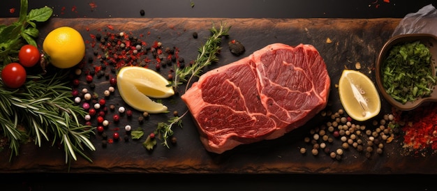 Raw fresh beef steak with herbs and spices on wooden board top view