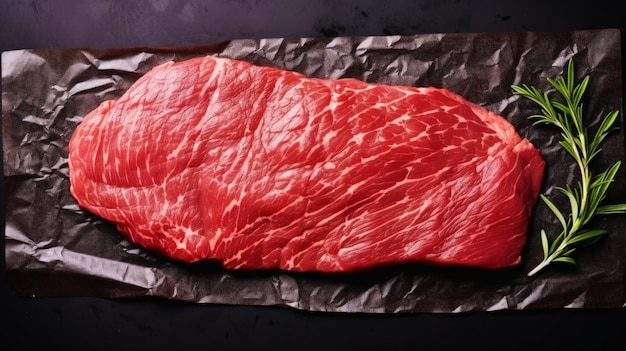 Сырое свежее мясо из стейка рибея на бумаге с специями и розмарином Generative AI