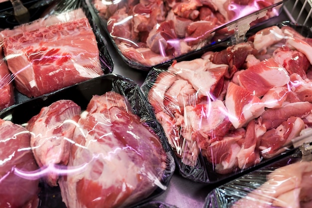 Raw fresh meat, beef or pork in supermarket