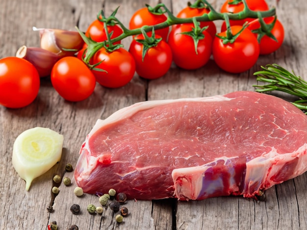 Raw fresh meat steak with cherry tomatoes hot pepper garlic oil and herbs