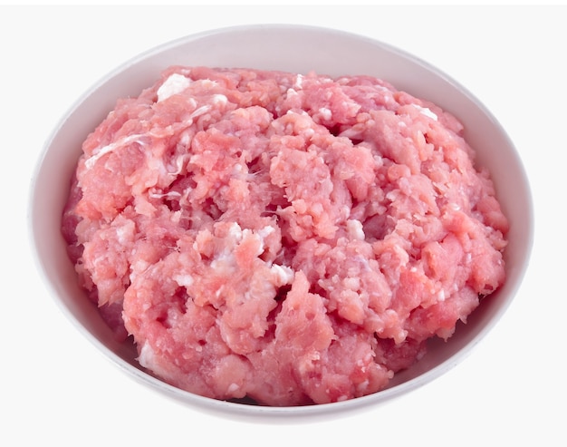 Raw fresh minced pork meat in white bowl isolated on white background